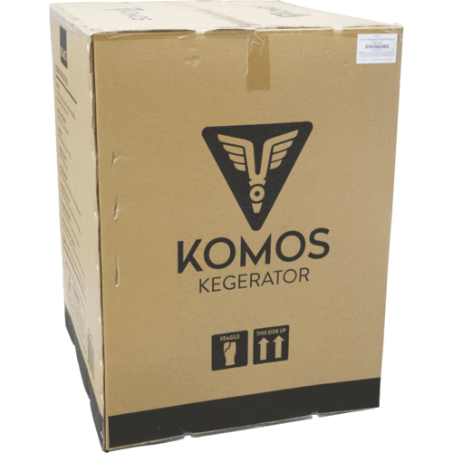KOMOS® Wine Kegerator with NukaTap Stainless Steel Faucets - Front diagonal view with packaging box