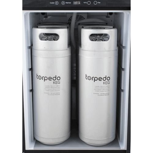 KOMOS® Wine Kegerator with NukaTap Stainless Steel Faucets - Front view with torpedo kegs inside kegerator