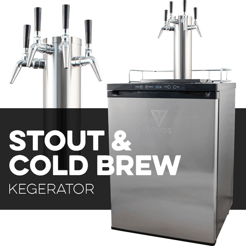 KOMOS® Stout & Cold Brew Coffee Kegerator with Intertap Stainless Steel Faucets - Front Diagonal view with 4 Tap tower