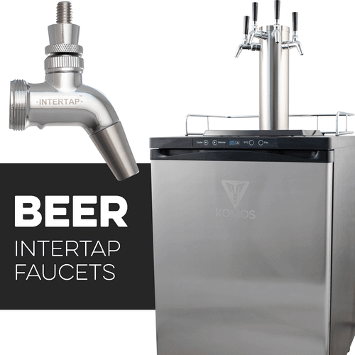 KOMOS® Kegerator with Intertap Stainless Steel Faucets - Front view showing faucet and kegerator