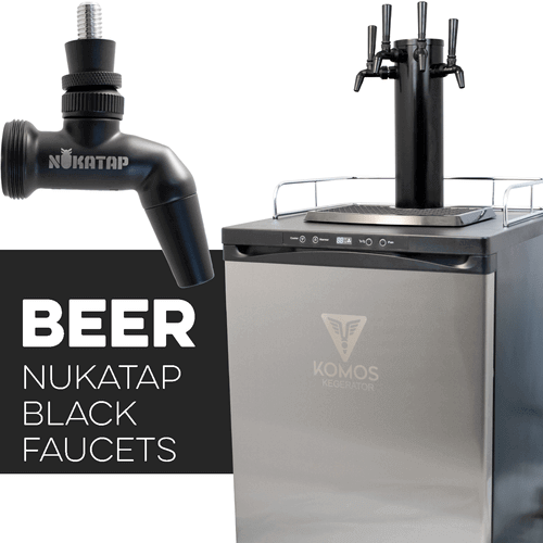 KOMOS® Kegerator with NukaTap Matte Black Stainless Faucets - Front Diagonal view with black faucet