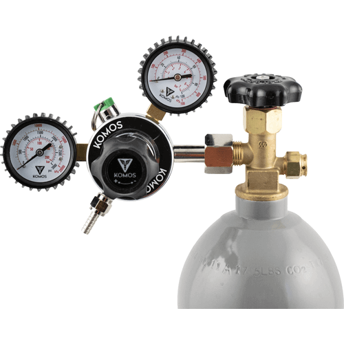 KOMOS CO2 Regulator: 0–60 PSI, 1/4" flare fitting, Duotight Adapter - Front view attached to C02 Tank