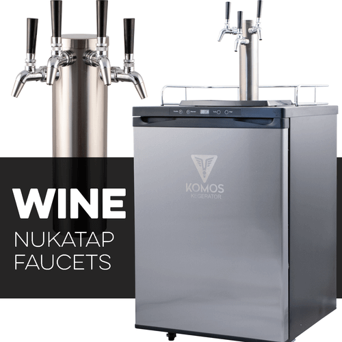 KOMOS® Wine Kegerator with NukaTap Stainless Steel Faucets - Front Diagonal view with 4 tap tower