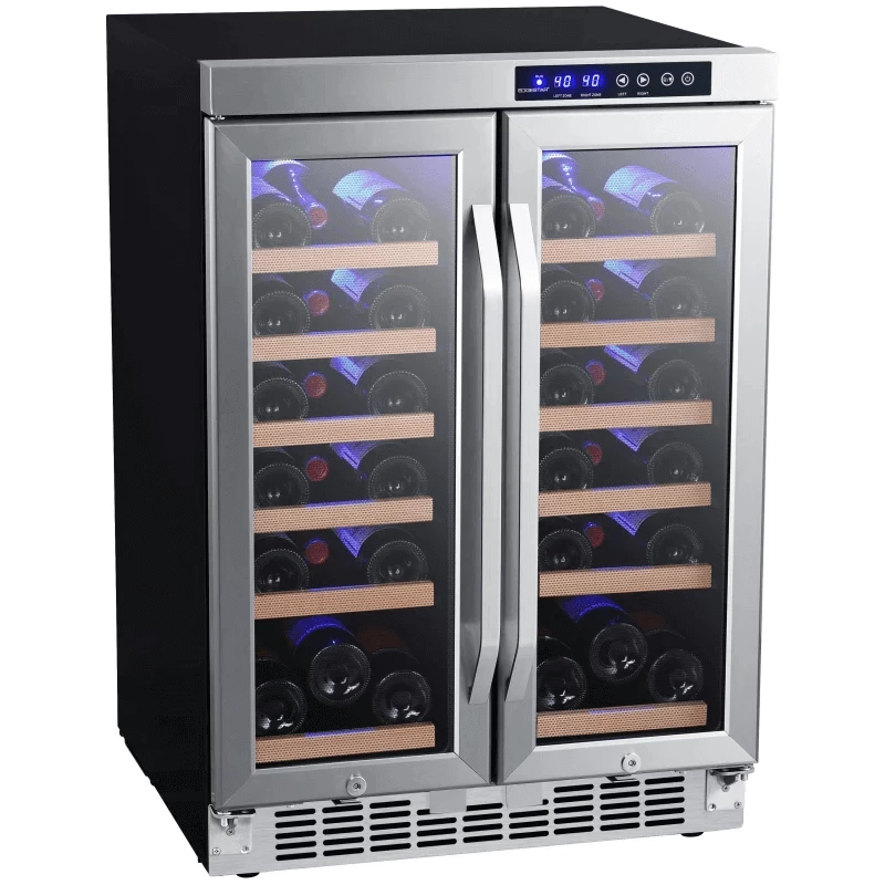 24 Inch Wide 36 Bottle Built-In Wine Cooler with Dual Cooling Zones and French Doors